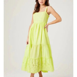 Forever 21 Neon Yellow Flowy Tiered Bohemian Eyelet Maxi Sleeveless Sundress